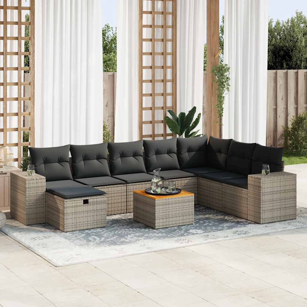 9-tlg. Garten-Sofagarnitur mit Kissen Schwarz Poly Rattan