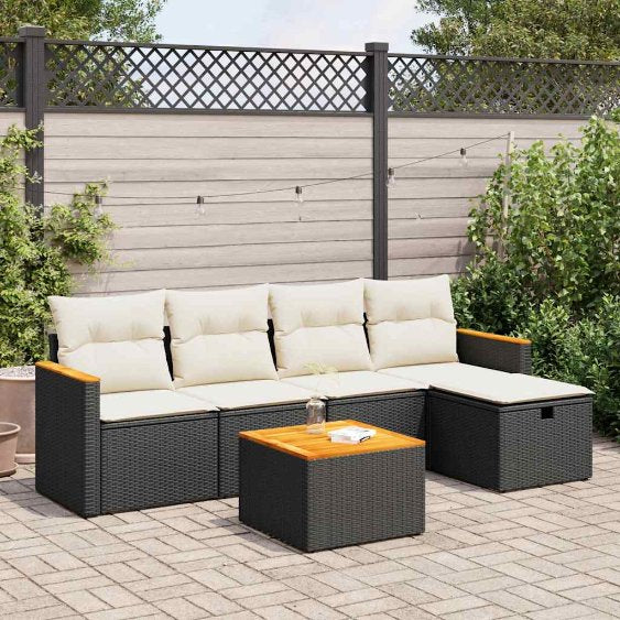 5-tlg. Garten-Sofagarnitur mit Kissen Schwarz Poly Rattan