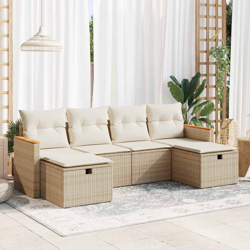 6-tlg. Garten-Sofagarnitur mit Kissen Schwarz Poly Rattan