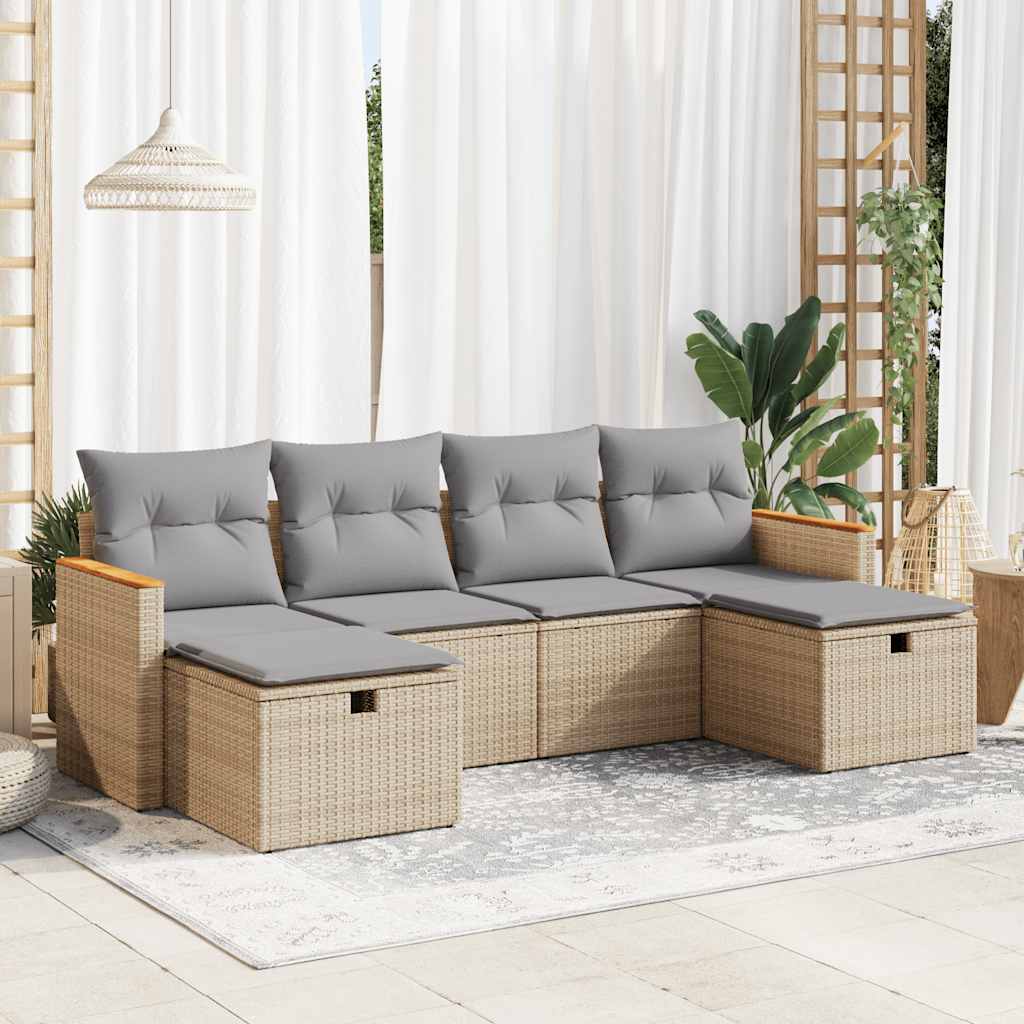 6-tlg. Garten-Sofagarnitur mit Kissen Schwarz Poly Rattan