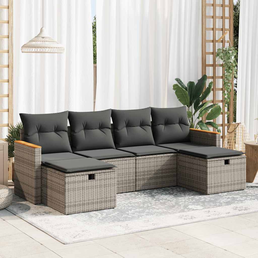 6-tlg. Garten-Sofagarnitur mit Kissen Schwarz Poly Rattan