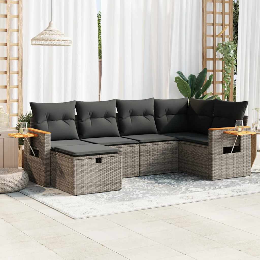 6-tlg. Garten-Sofagarnitur mit Kissen Schwarz Poly Rattan