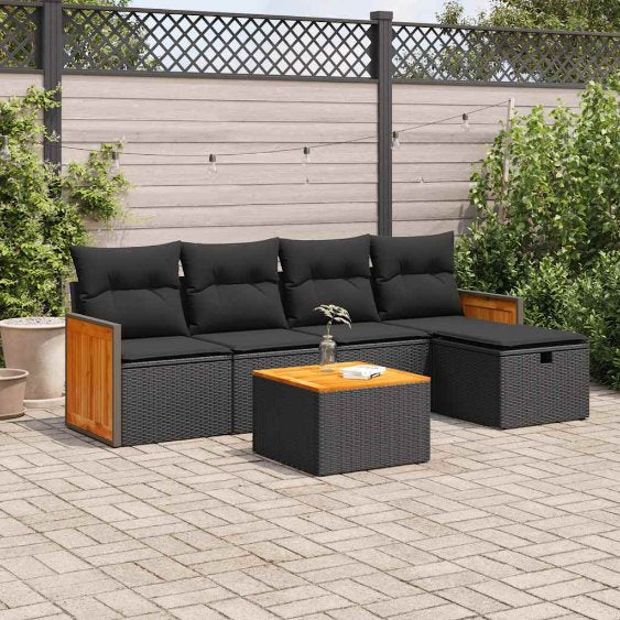 5-tlg. Garten-Sofagarnitur mit Kissen Schwarz Poly Rattan