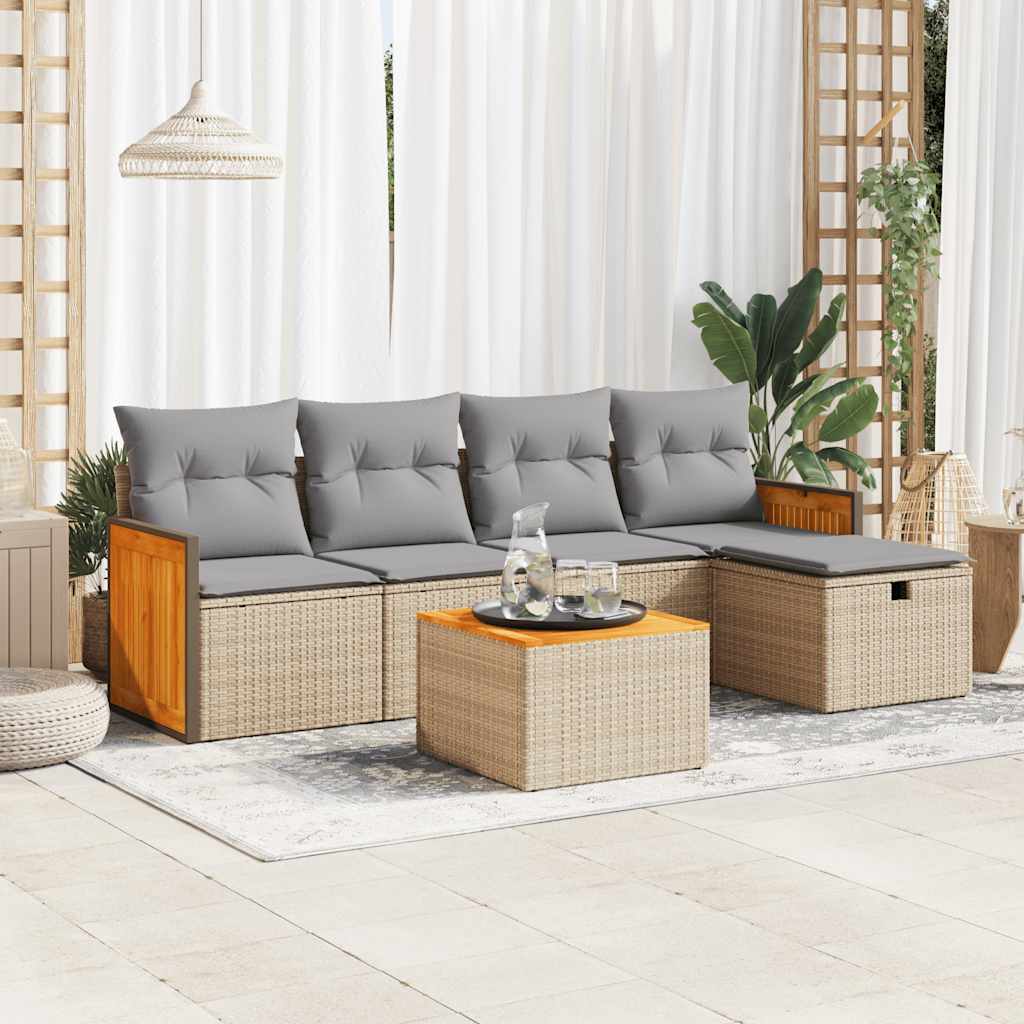 5-tlg. Garten-Sofagarnitur mit Kissen Schwarz Poly Rattan