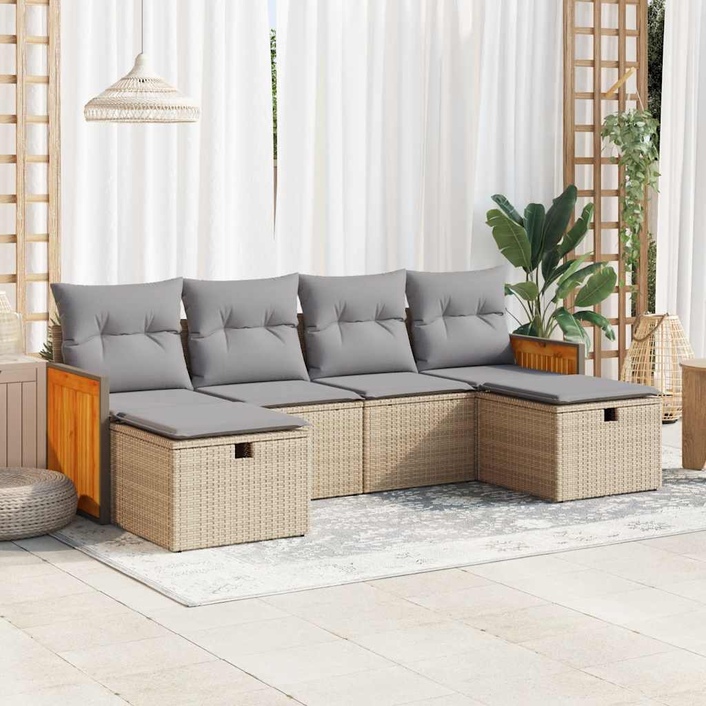 6-tlg. Garten-Sofagarnitur mit Kissen Schwarz Poly Rattan