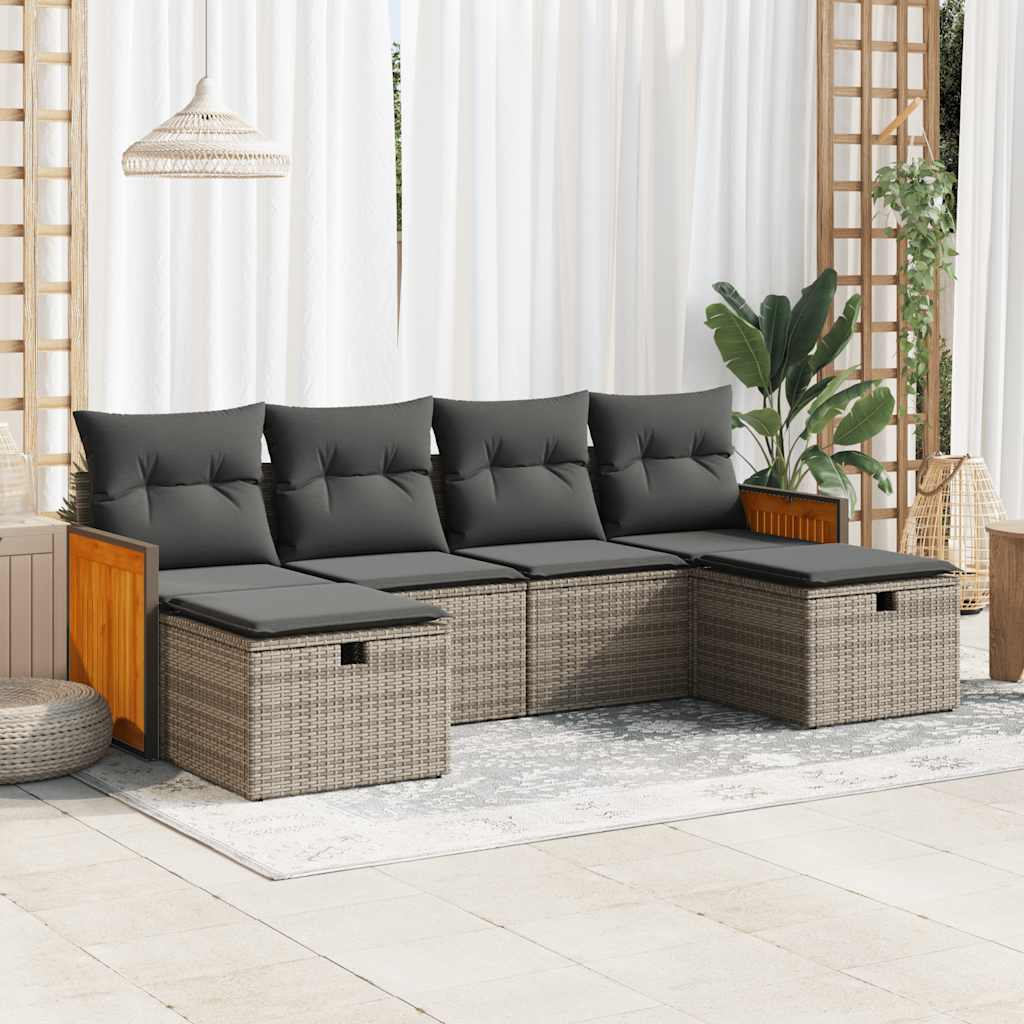 6-tlg. Garten-Sofagarnitur mit Kissen Schwarz Poly Rattan