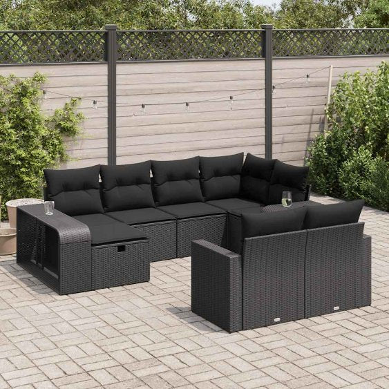 vidaXL 10-tlg. Garten-Sofagarnitur mit Kissen Schwarz Poly Rattan