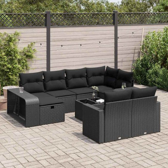 vidaXL 10-tlg. Garten-Sofagarnitur mit Kissen Schwarz Poly Rattan