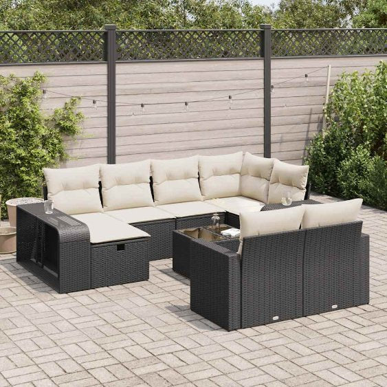 vidaXL 10-tlg. Garten-Sofagarnitur mit Kissen Schwarz Poly Rattan