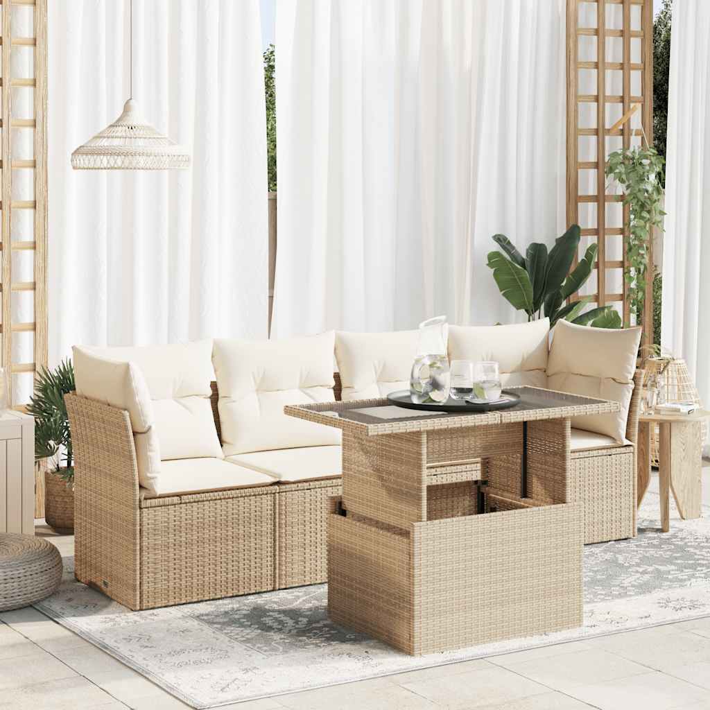 5-tlg. Garten-Sofagarnitur mit Kissen Schwarz Poly Rattan