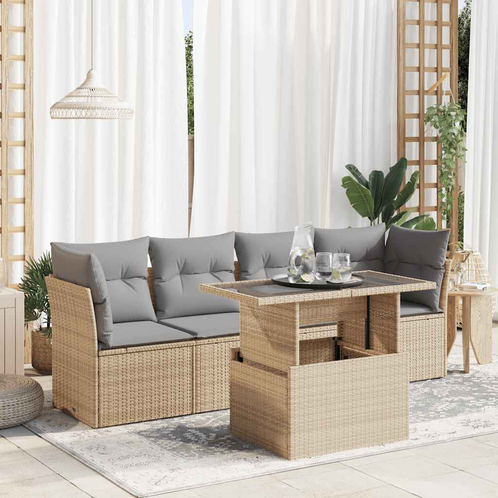 5-tlg. Garten-Sofagarnitur mit Kissen Schwarz Poly Rattan