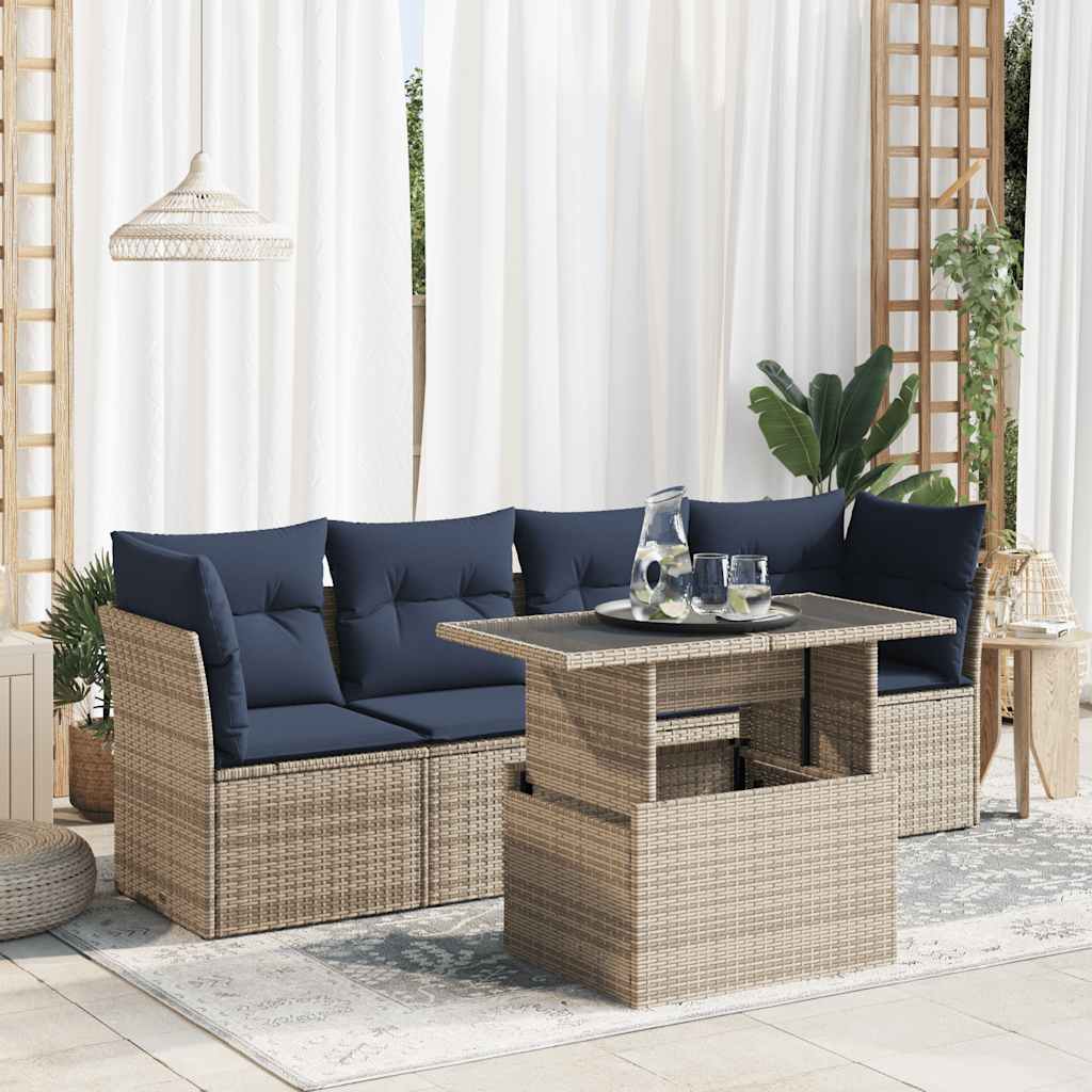 5-teiliges Gartensofa-Set mit Kissen, schwarzes Polyrattan