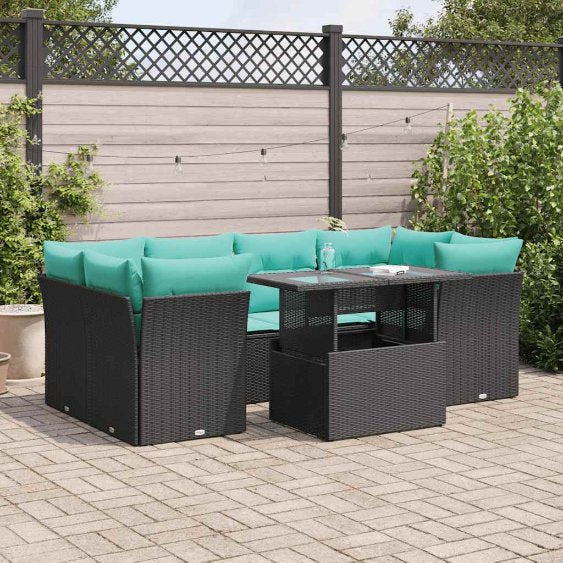 7-tlg. Garten-Sofagarnitur mit Kissen Schwarz Poly Rattan
