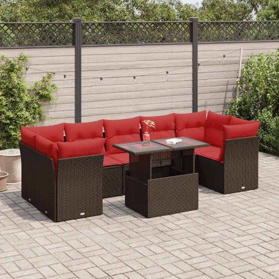 8-teiliges Gartensofa-Set mit Kissen, schwarzes Polyrattan