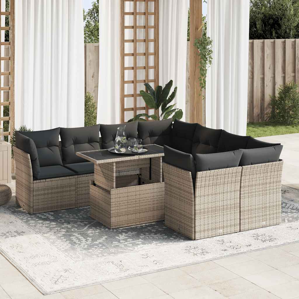 9-tlg. Garten-Sofagarnitur mit Kissen Schwarz Poly Rattan