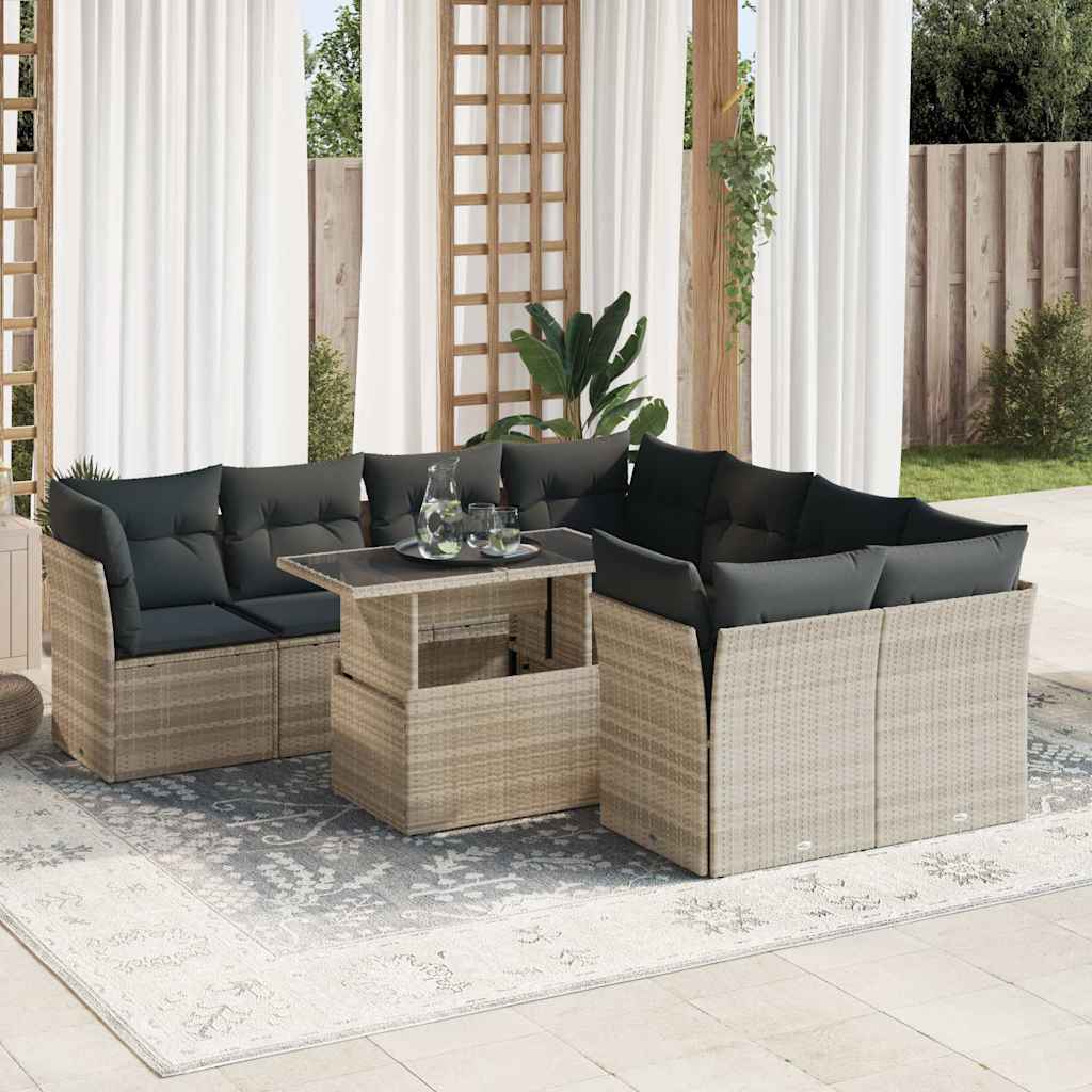 9-tlg. Garten-Sofagarnitur mit Kissen Schwarz Poly Rattan