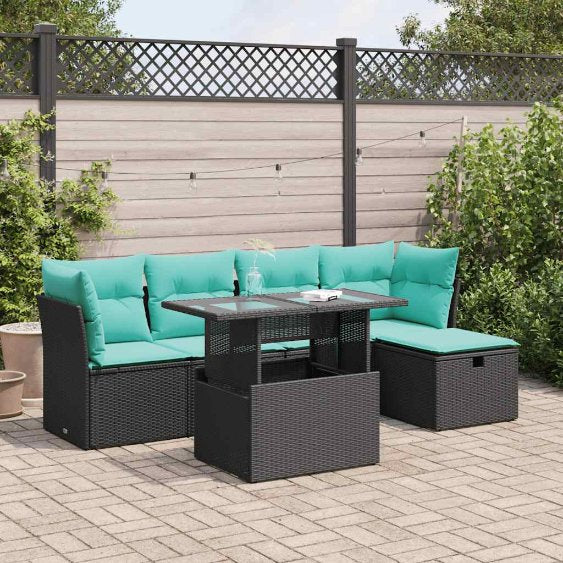 6-teiliges Gartensofa-Set mit Kissen, schwarzes Polyrattan