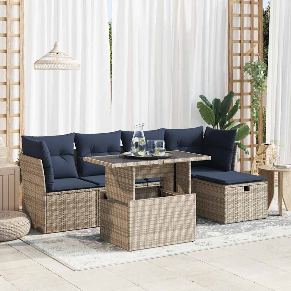 6-teiliges Gartensofa-Set mit Kissen, schwarzes Polyrattan
