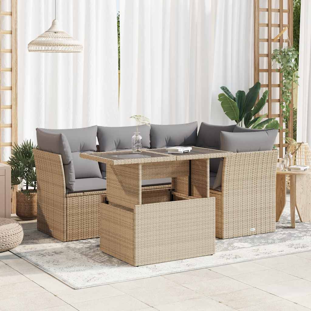 5-tlg. Garten-Sofagarnitur mit Kissen Schwarz Poly Rattan