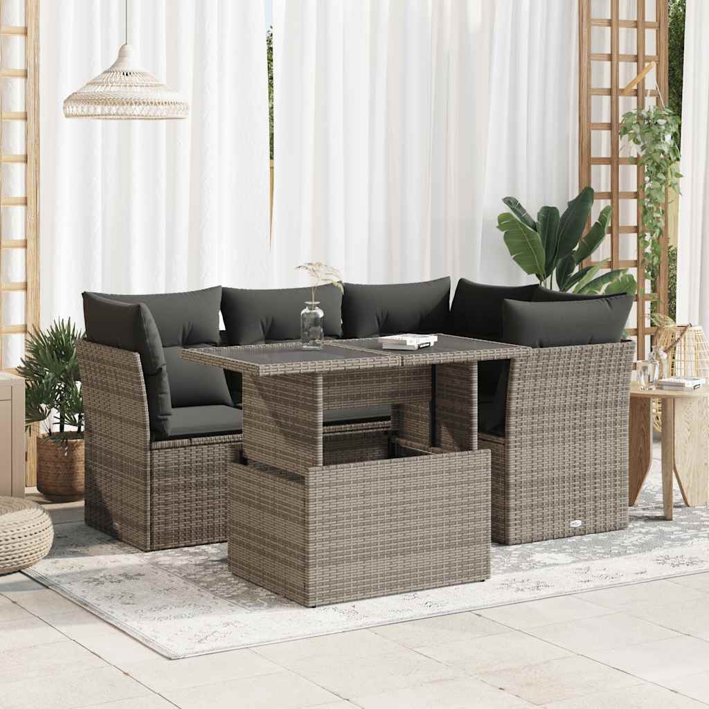 5-tlg. Garten-Sofagarnitur mit Kissen Schwarz Poly Rattan