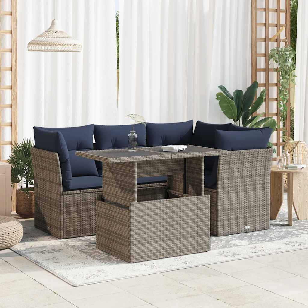 5-teiliges Gartensofa-Set mit Kissen, schwarzes Polyrattan