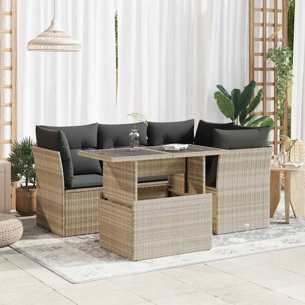 5-tlg. Garten-Sofagarnitur mit Kissen Schwarz Poly Rattan