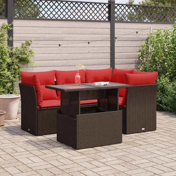 5-teiliges Gartensofa-Set mit Kissen, schwarzes Polyrattan