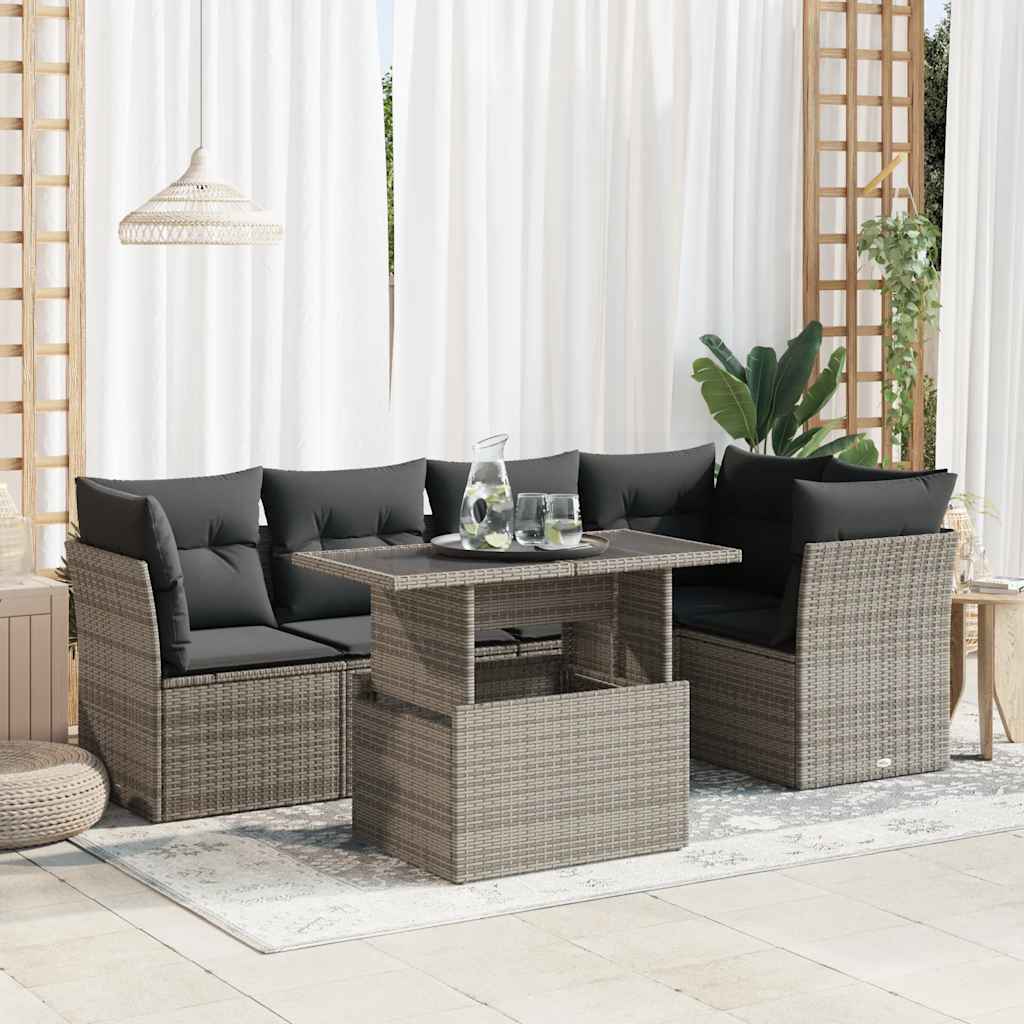 6-tlg. Garten-Sofagarnitur mit Kissen Schwarz Poly Rattan