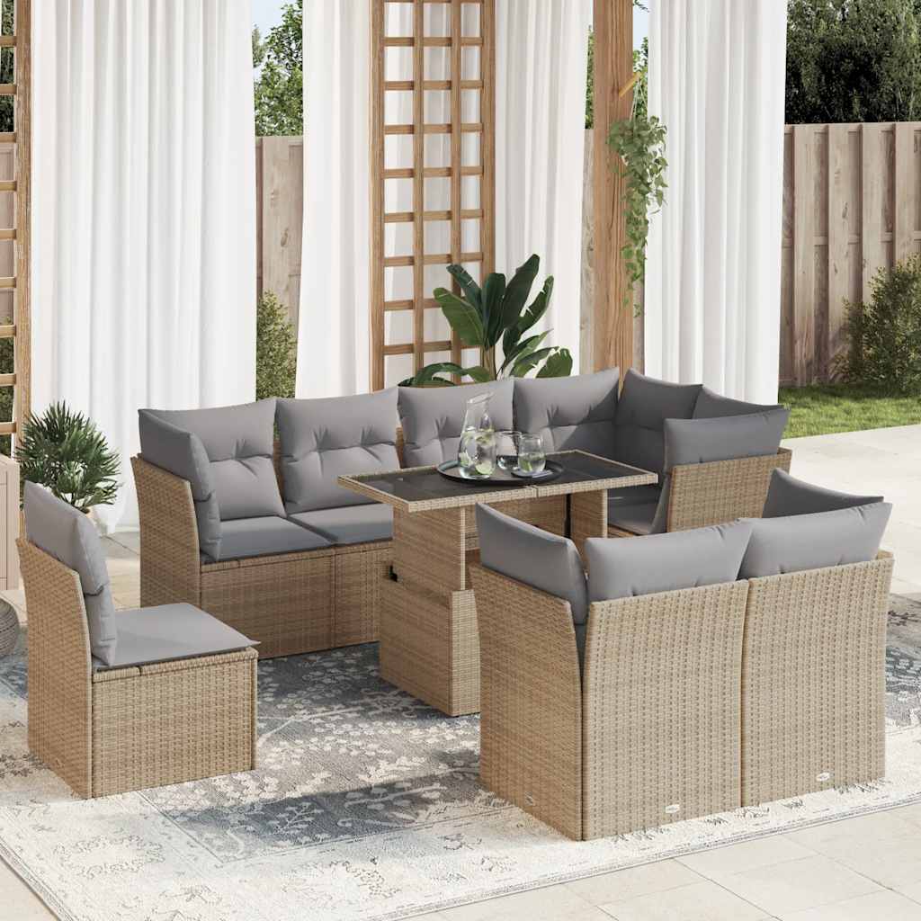 9-tlg. Garten-Sofagarnitur mit Kissen Schwarz Poly Rattan