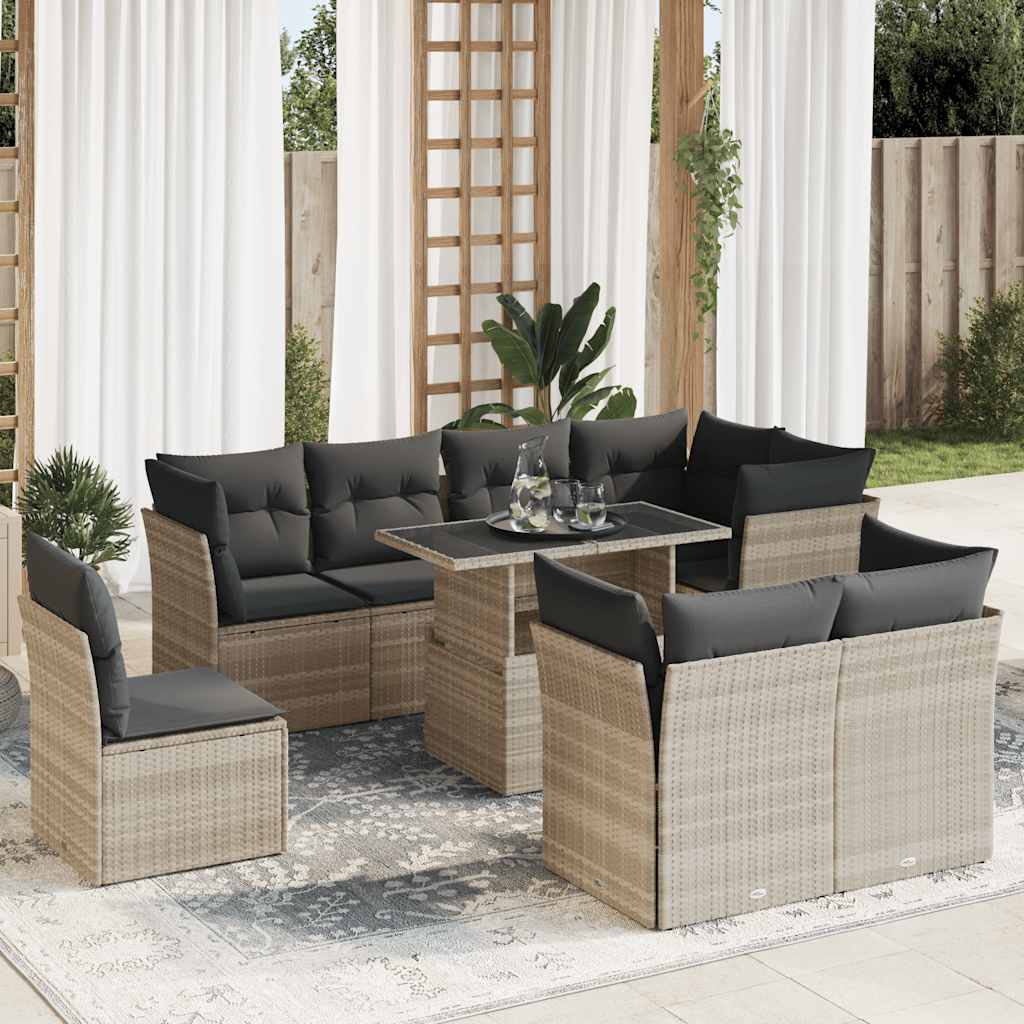 9-tlg. Garten-Sofagarnitur mit Kissen Schwarz Poly Rattan