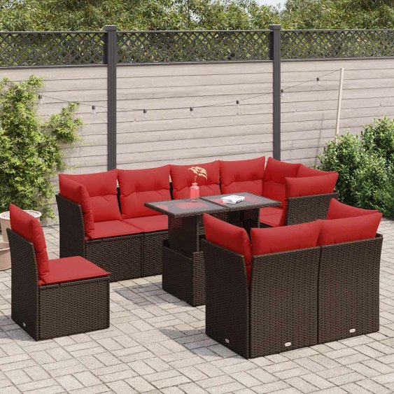 9-teiliges Gartensofa-Set mit Kissen, schwarzes Polyrattan