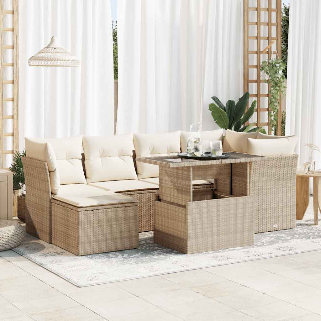 7-tlg. Garten-Sofagarnitur mit Kissen Schwarz Poly Rattan