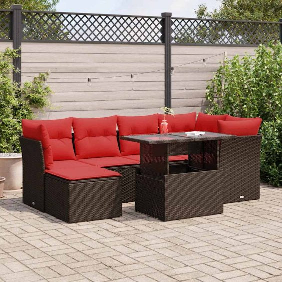 7-tlg. Garten-Sofagarnitur mit Kissen Schwarz Poly Rattan