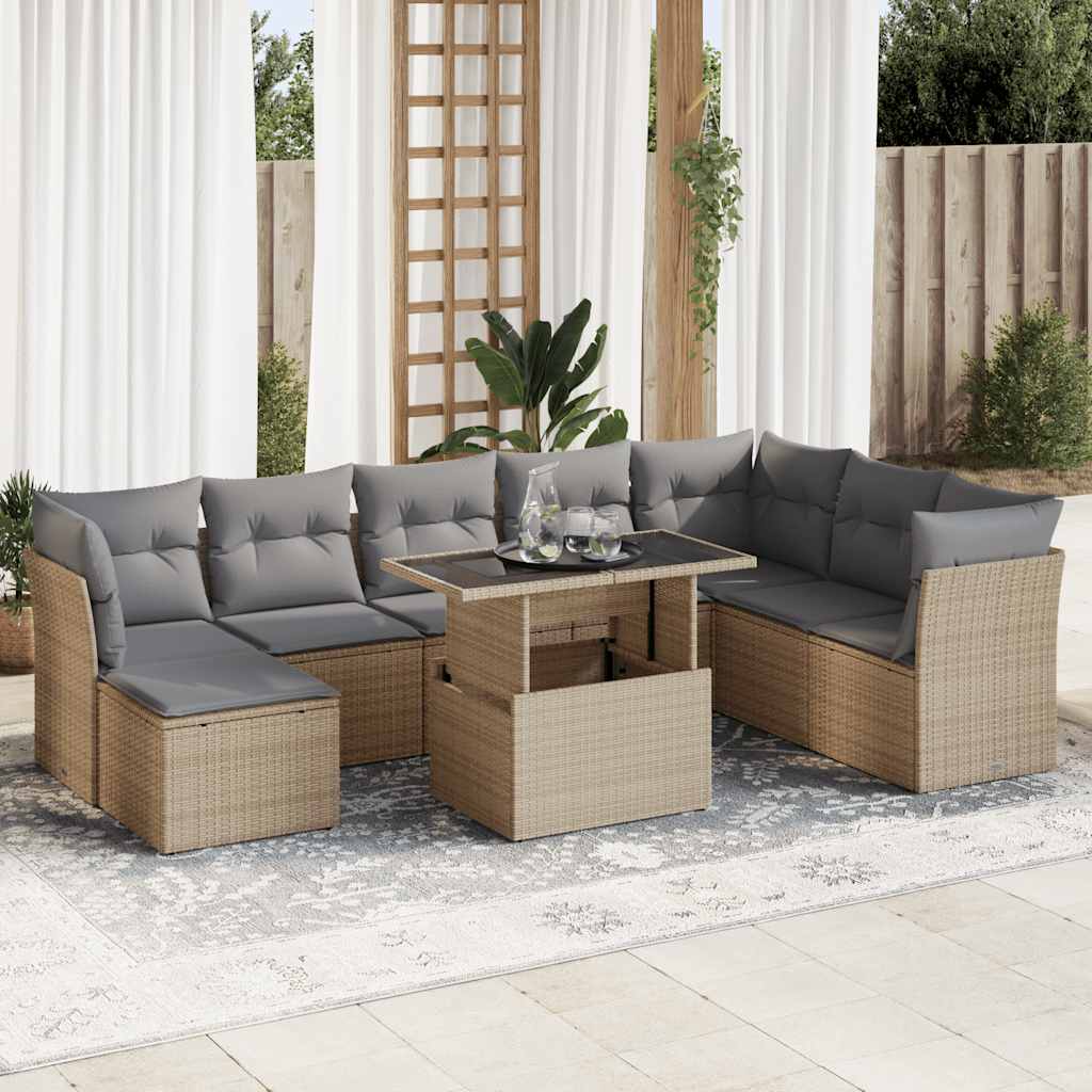 9-tlg. Garten-Sofagarnitur mit Kissen Schwarz Poly Rattan
