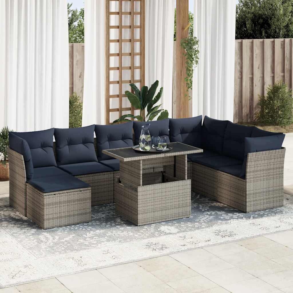 9-teiliges Gartensofa-Set mit Kissen, schwarzes Polyrattan