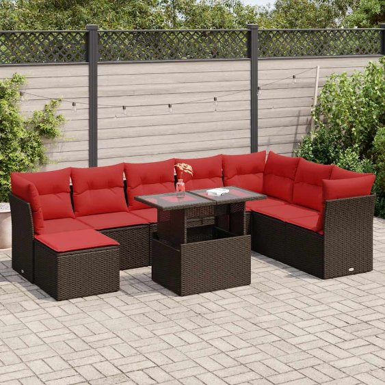 9-teiliges Gartensofa-Set mit Kissen, schwarzes Polyrattan