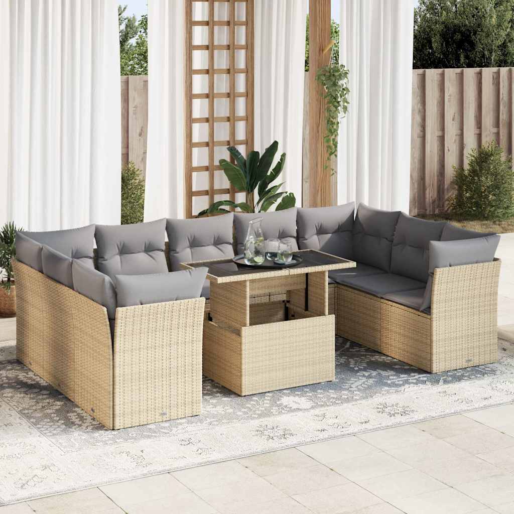 vidaXL 10-tlg. Garten-Sofagarnitur mit Kissen Schwarz Poly Rattan