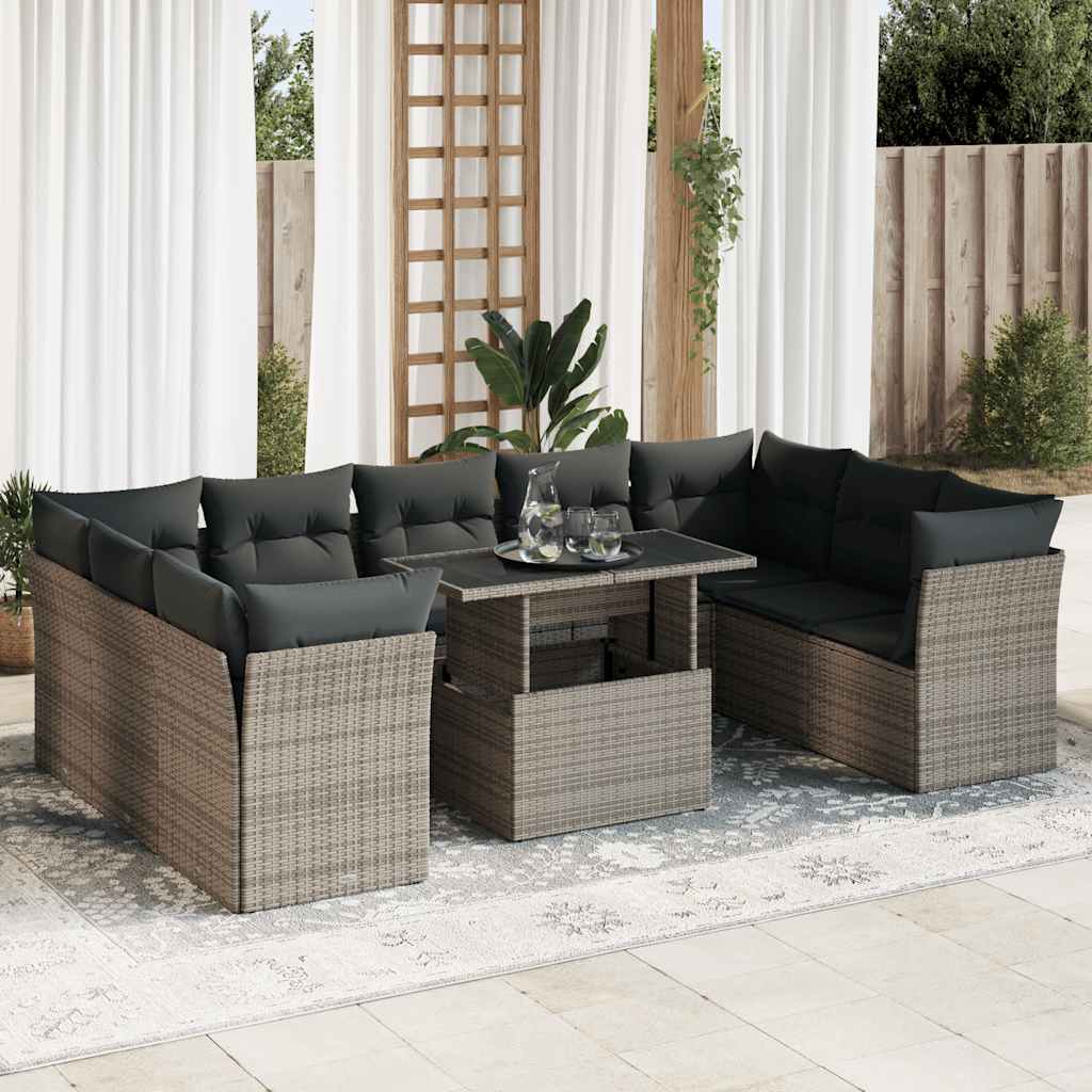vidaXL 10-tlg. Garten-Sofagarnitur mit Kissen Schwarz Poly Rattan