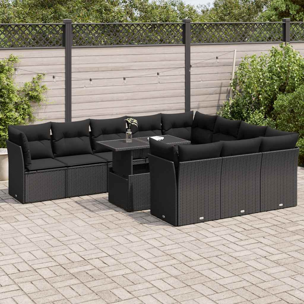 vidaXL 11-tlg. Garten-Sofagarnitur mit Kissen Schwarz Poly Rattan