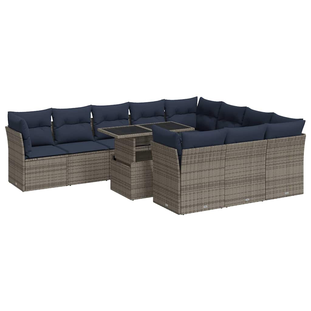 vidaXL 11-tlg. Garten-Sofagarnitur mit Kissen Grau Poly Rattan Akazie