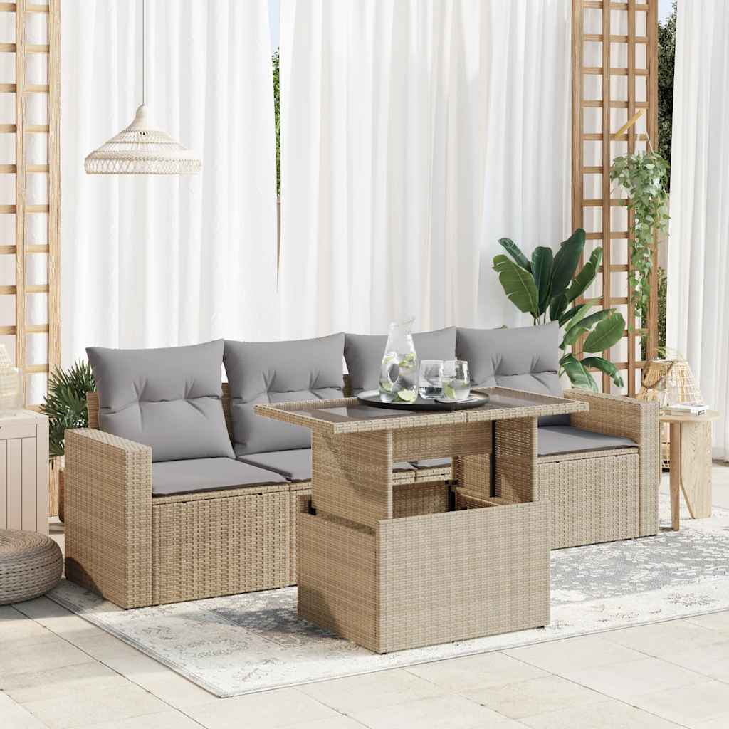 5-tlg. Garten-Sofagarnitur mit Kissen Schwarz Poly Rattan