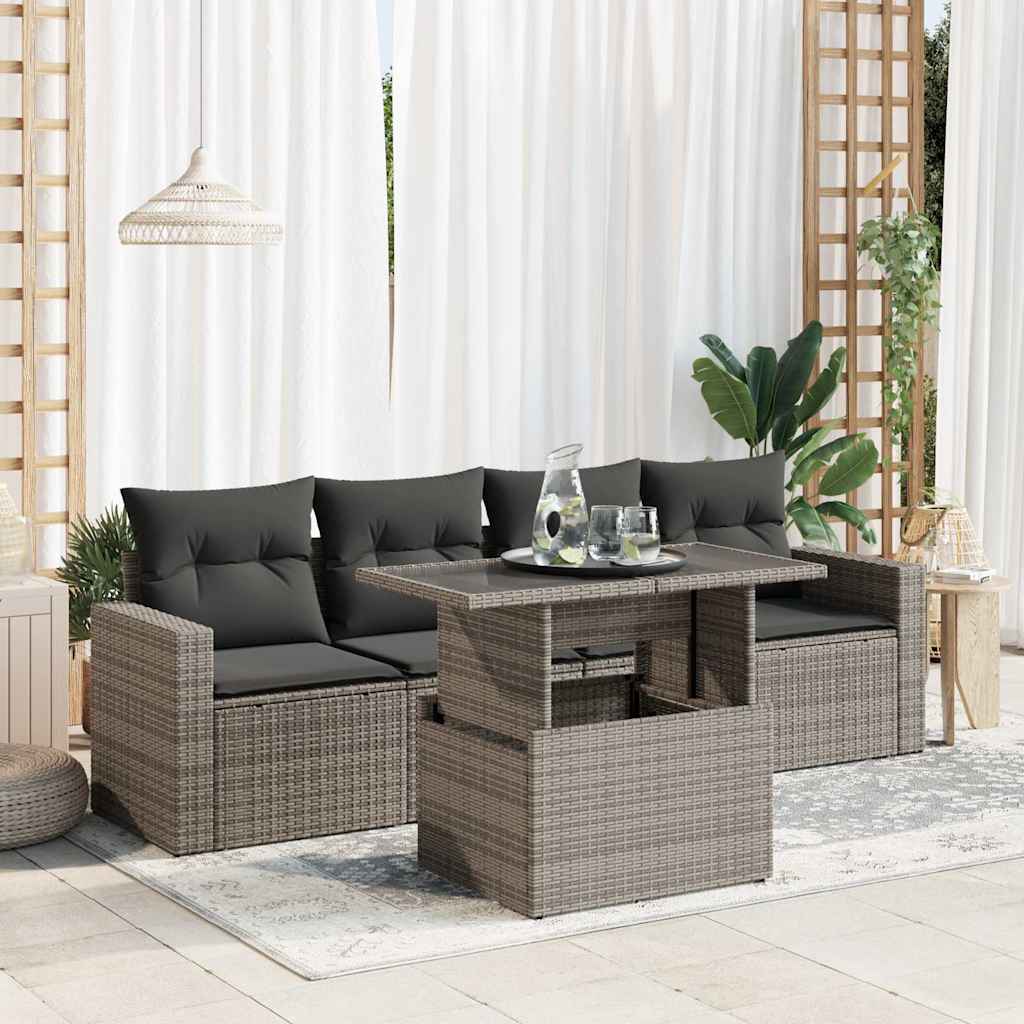 5-tlg. Garten-Sofagarnitur mit Kissen Schwarz Poly Rattan