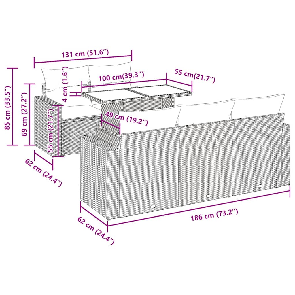 6-tlg. Garten-Sofagarnitur mit Kissen Schwarz Poly Rattan