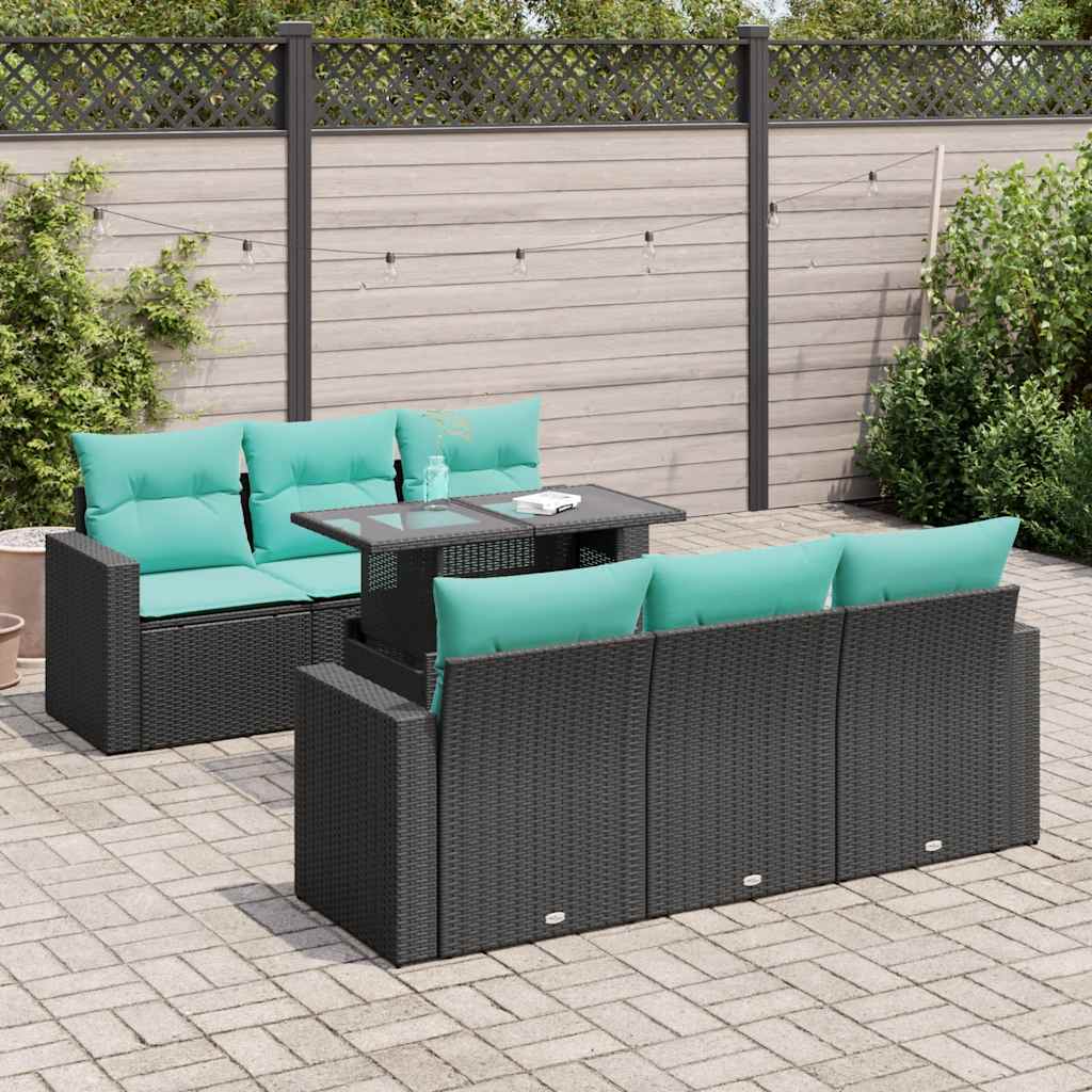 7-tlg. Garten-Sofagarnitur mit Kissen Schwarz Poly Rattan