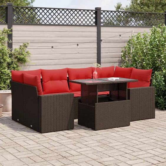 7-teiliges Gartensofa-Set mit Kissen, schwarzes Polyrattan