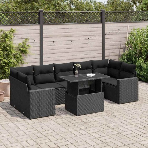 8-tlg. Garten-Sofagarnitur mit Kissen Schwarz Poly Rattan