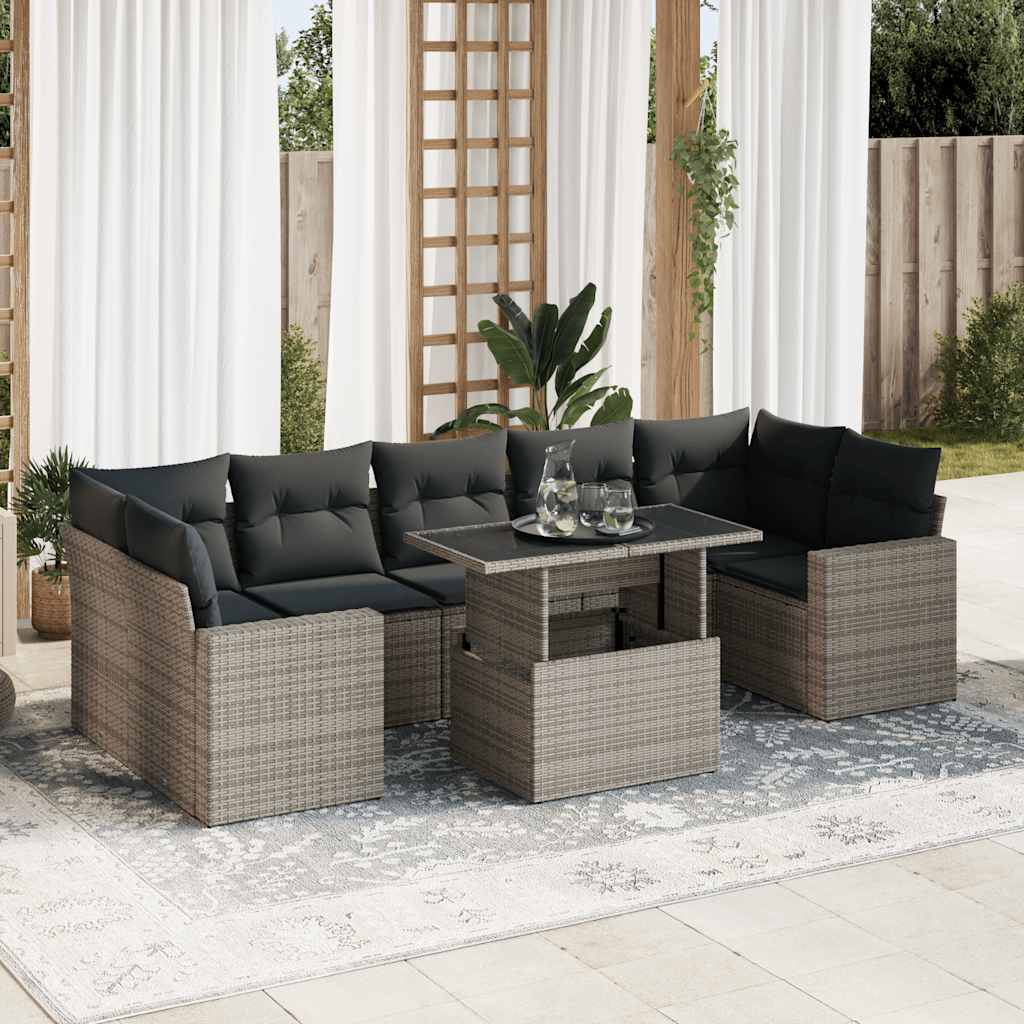 8-tlg. Garten-Sofagarnitur mit Kissen Schwarz Poly Rattan