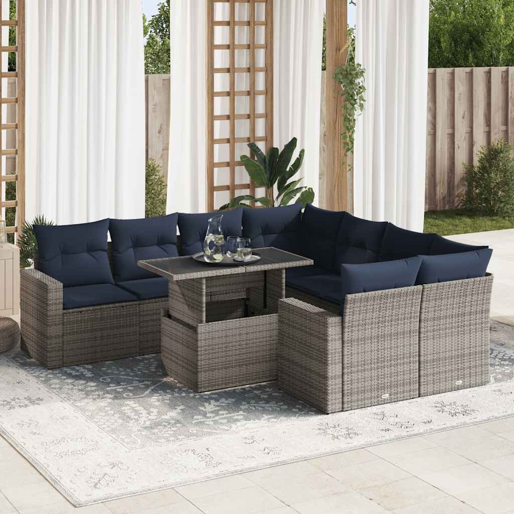 9-teiliges Gartensofa-Set mit Kissen, schwarzes Polyrattan