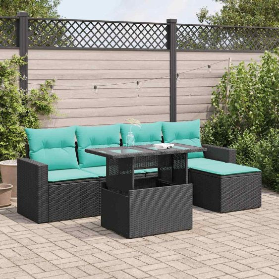 6-teiliges Gartensofa-Set mit Kissen, schwarzes Polyrattan