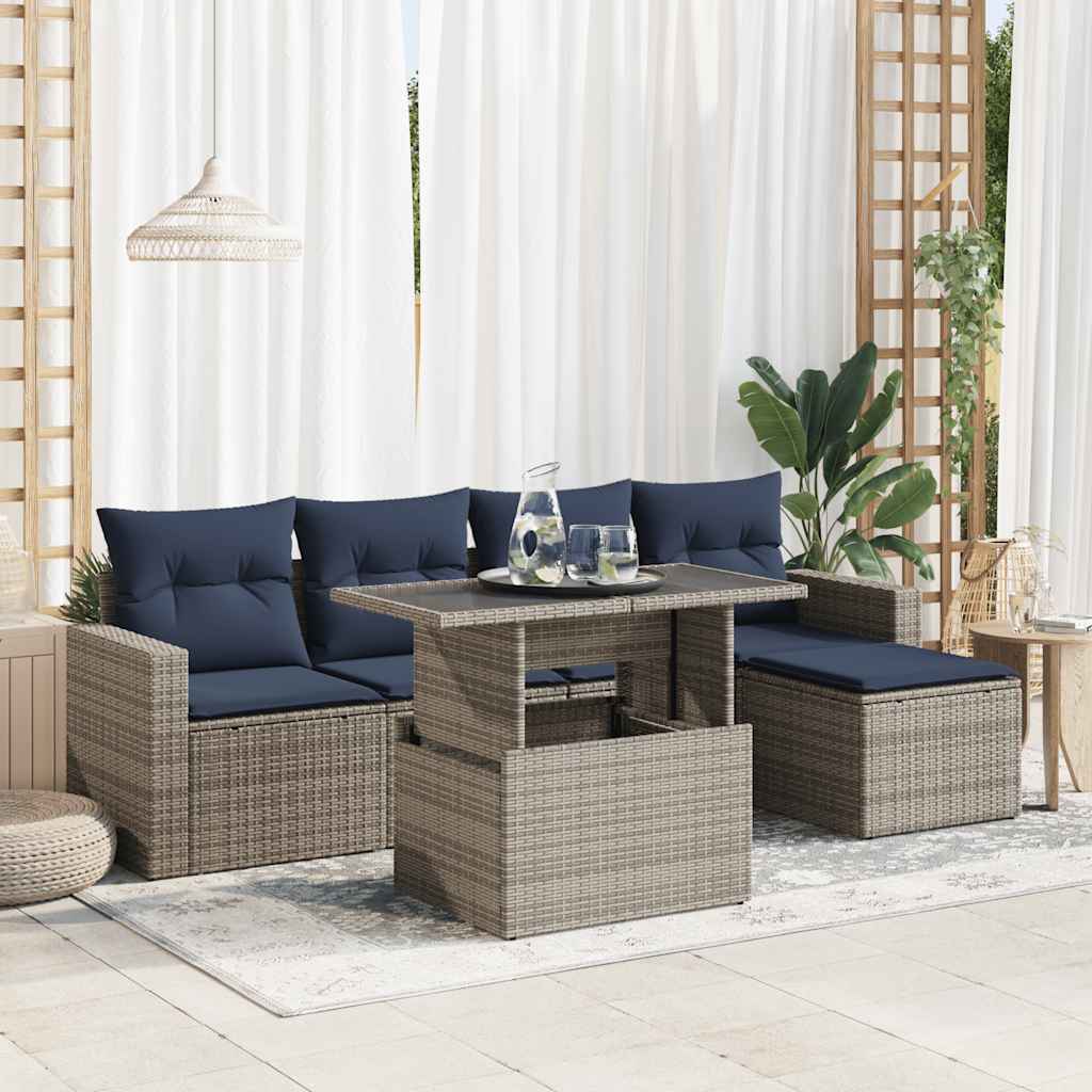 6-teiliges Gartensofa-Set mit Kissen, schwarzes Polyrattan